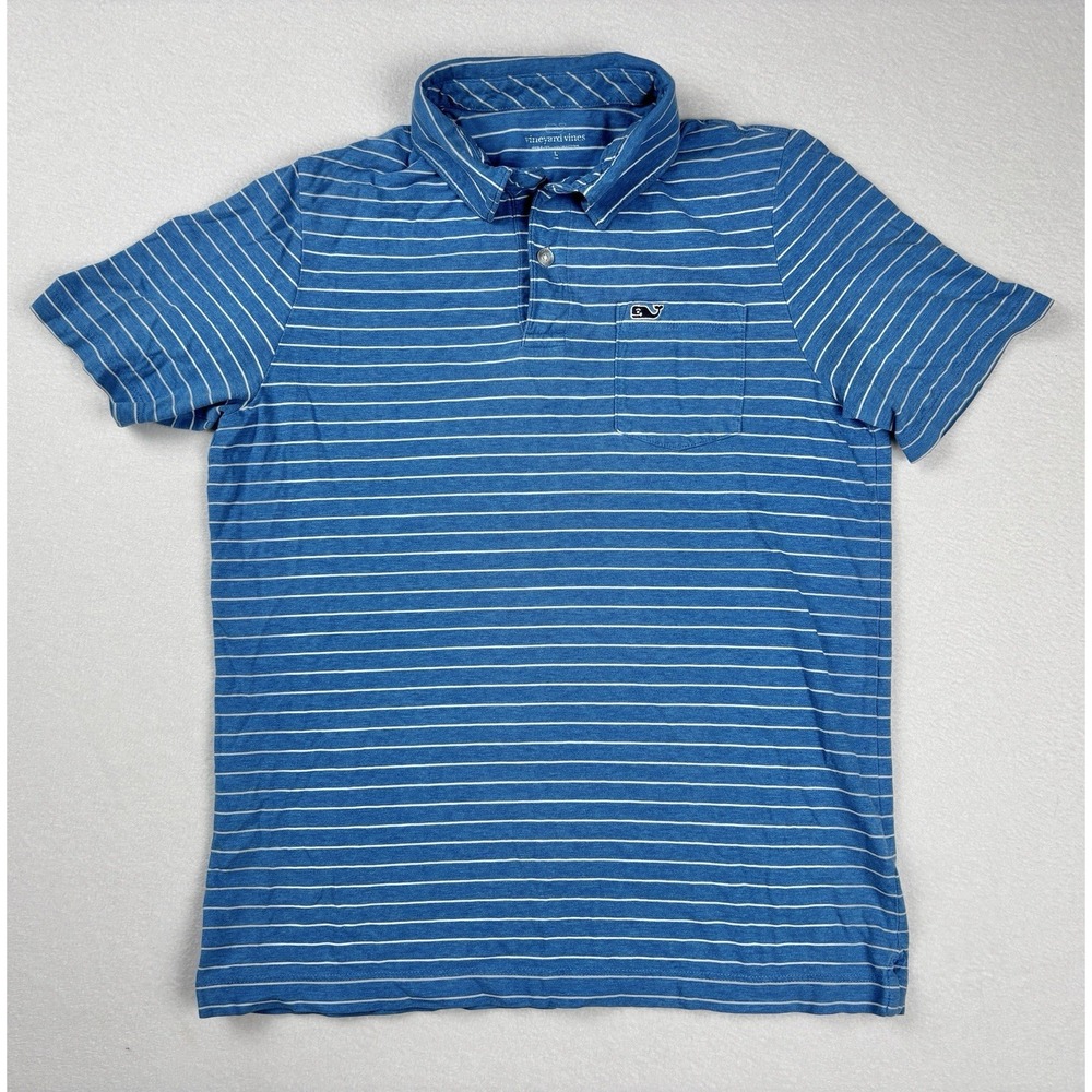 Vineyard‎ Vines Striped Polo Shirt Blue White Whale Logo Pima Cotton Size L